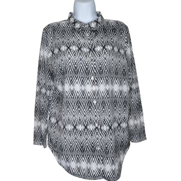 H&M Womens XS Black White Geometric Print Button-Up Blouse Long Sleeve - Picture 5 of 10